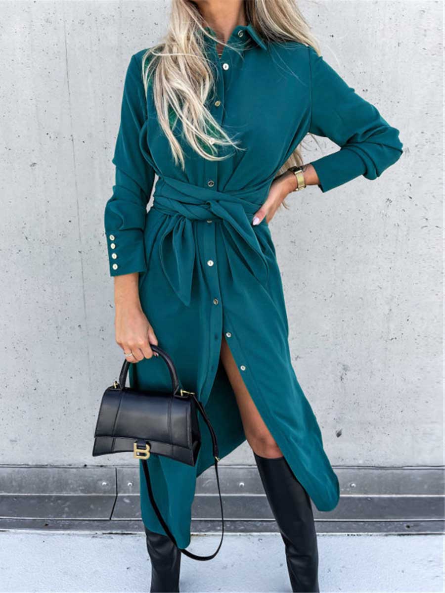Veleaee Long Solid Color Cardigan Long Sleeve Hem Dress