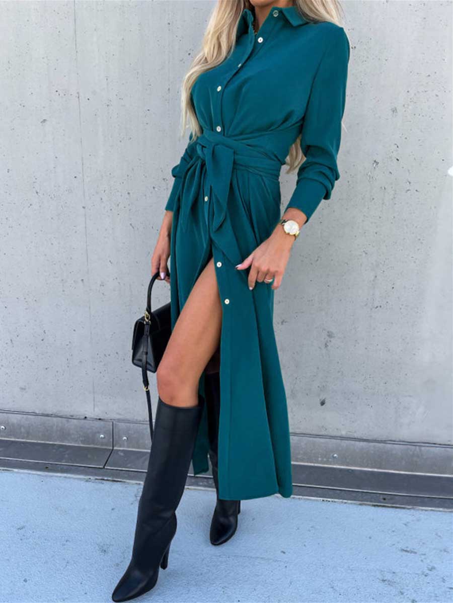 Veleaee Long Solid Color Cardigan Long Sleeve Hem Dress