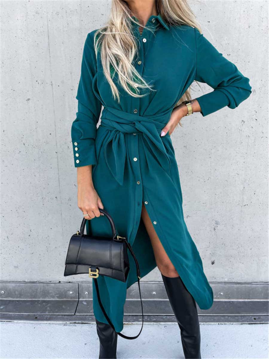 Veleaee Long Solid Color Cardigan Long Sleeve Hem Dress