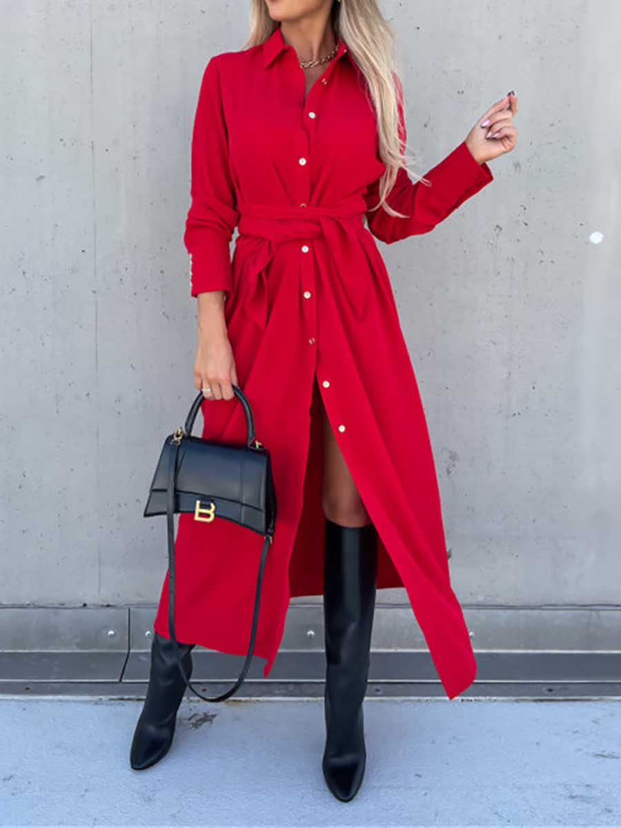 Veleaee Long Solid Color Cardigan Long Sleeve Hem Dress