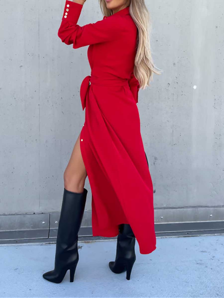 Veleaee Long Solid Color Cardigan Long Sleeve Hem Dress