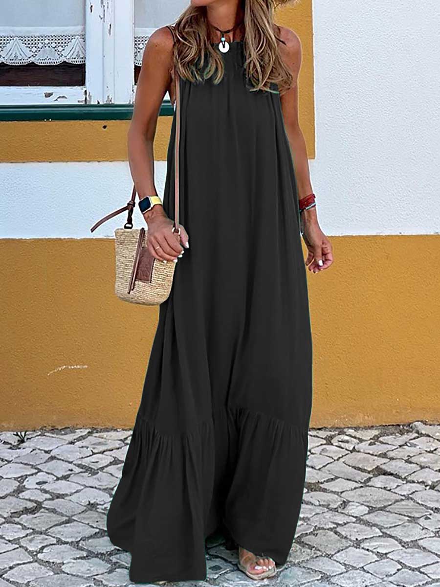 Veleaee Fashion Temperament Solid Color Sleeveless Neck Long Dresses