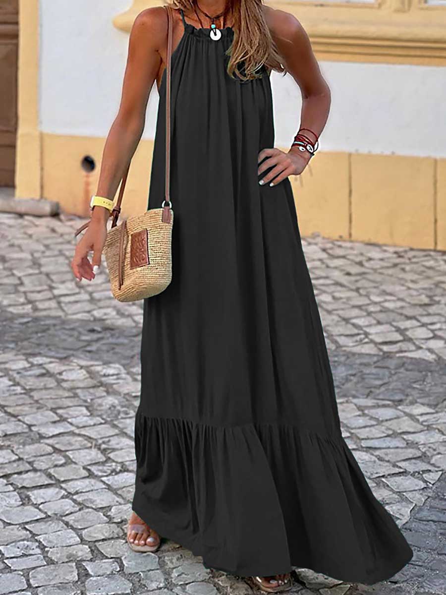 Veleaee Fashion Temperament Solid Color Sleeveless Neck Long Dresses