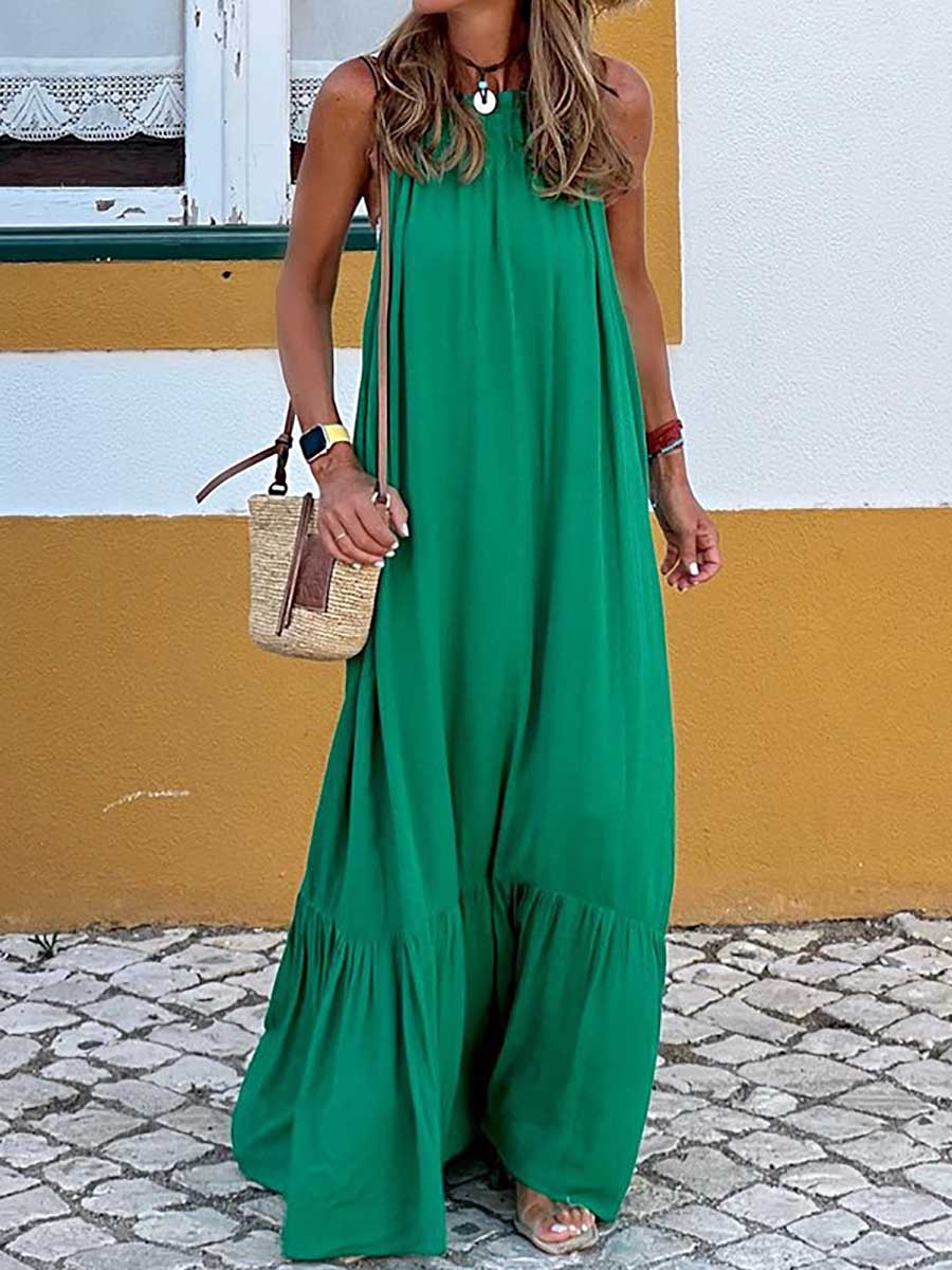 Veleaee Fashion Temperament Solid Color Sleeveless Neck Long Dresses