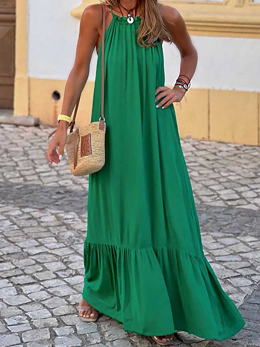 Veleaee Fashion Temperament Solid Color Sleeveless Neck Long Dresses