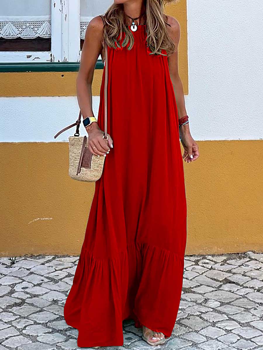 Veleaee Fashion Temperament Solid Color Sleeveless Neck Long Dresses
