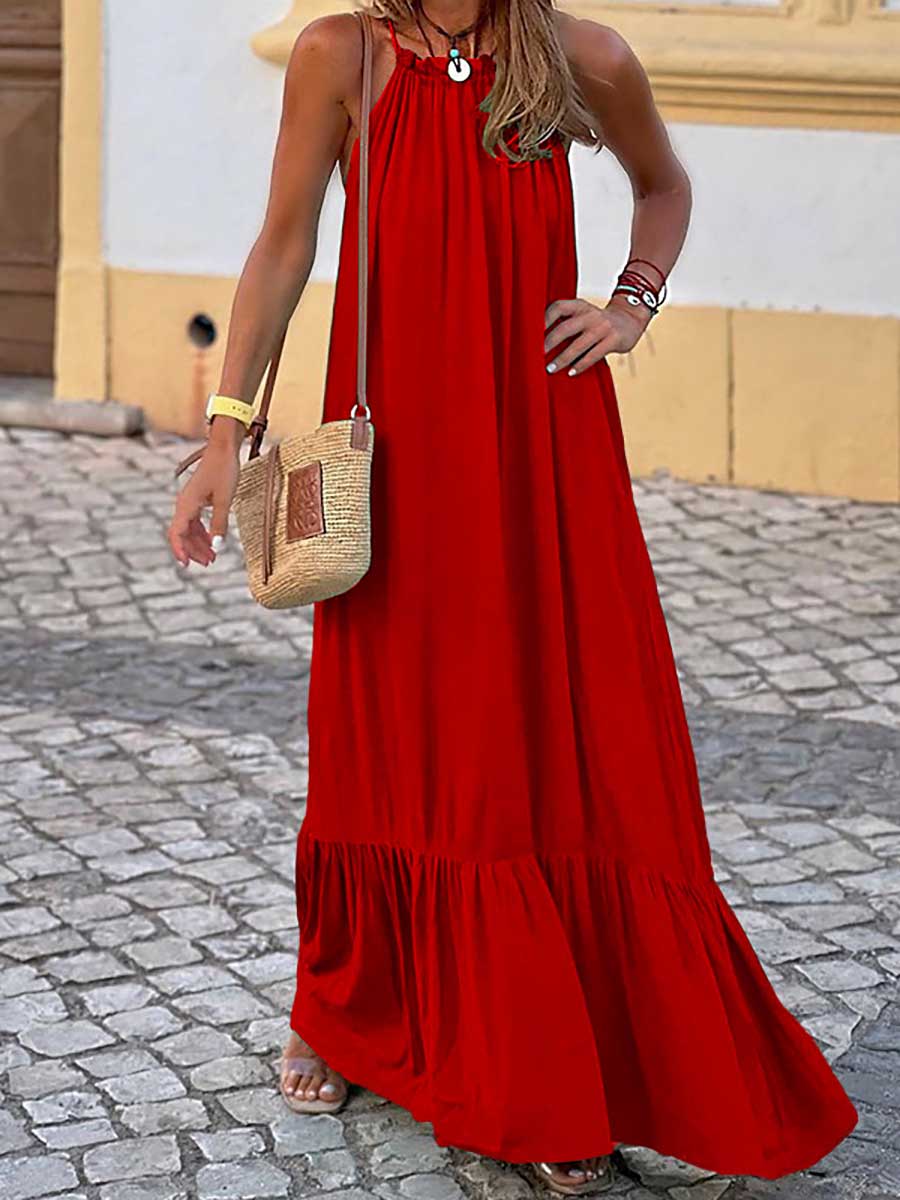 Veleaee Fashion Temperament Solid Color Sleeveless Neck Long Dresses