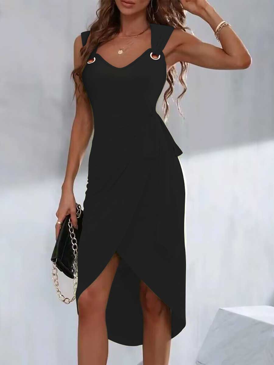 Veleaee Solid Color Strappy Irregular Hem Casual Dress