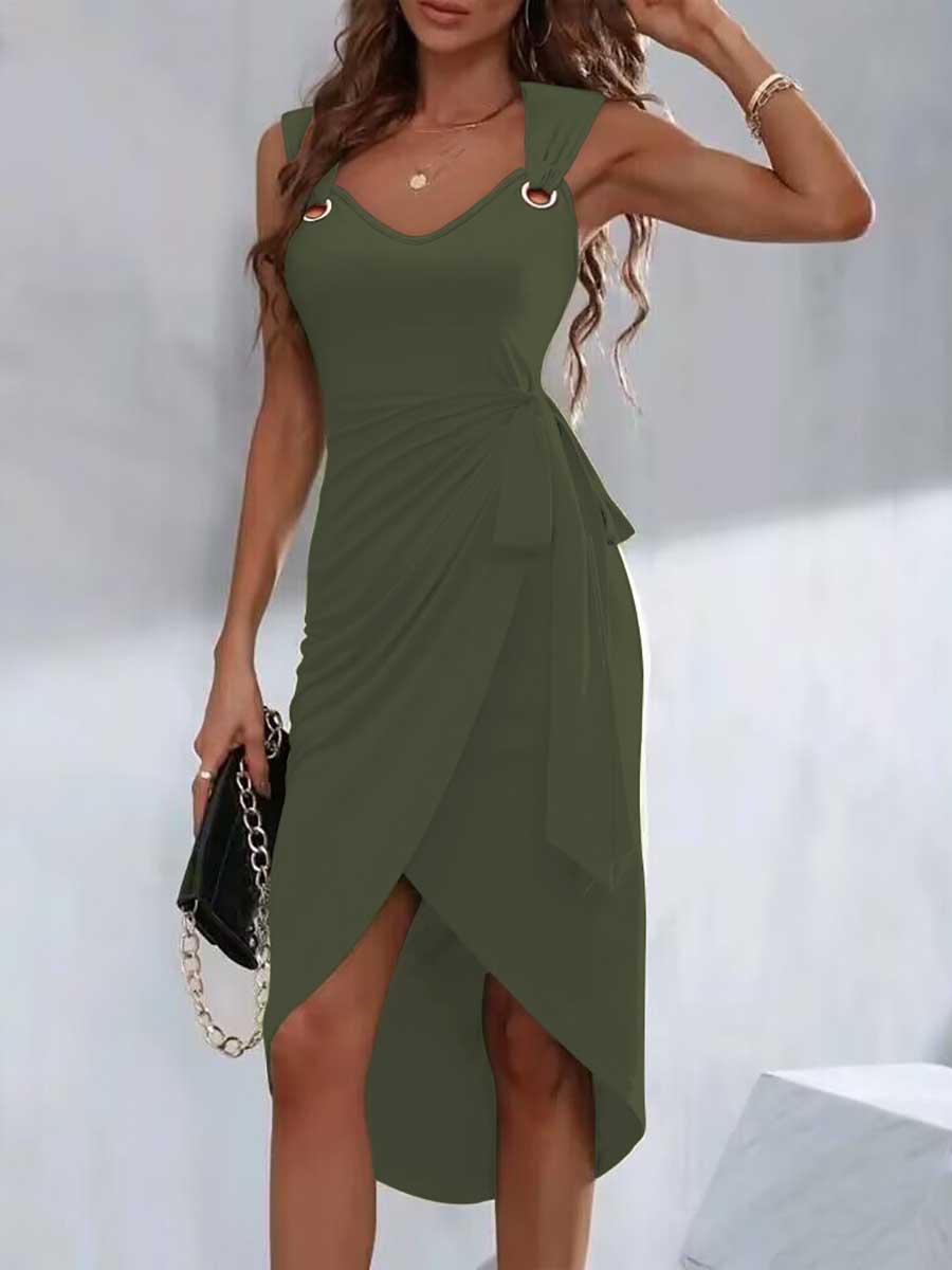 Veleaee Solid Color Strappy Irregular Hem Casual Dress