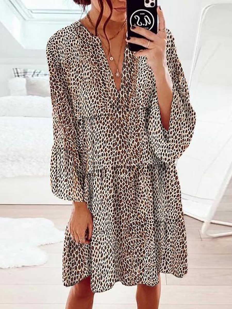 Veleaee Long Sleeve Leopard Print Dress