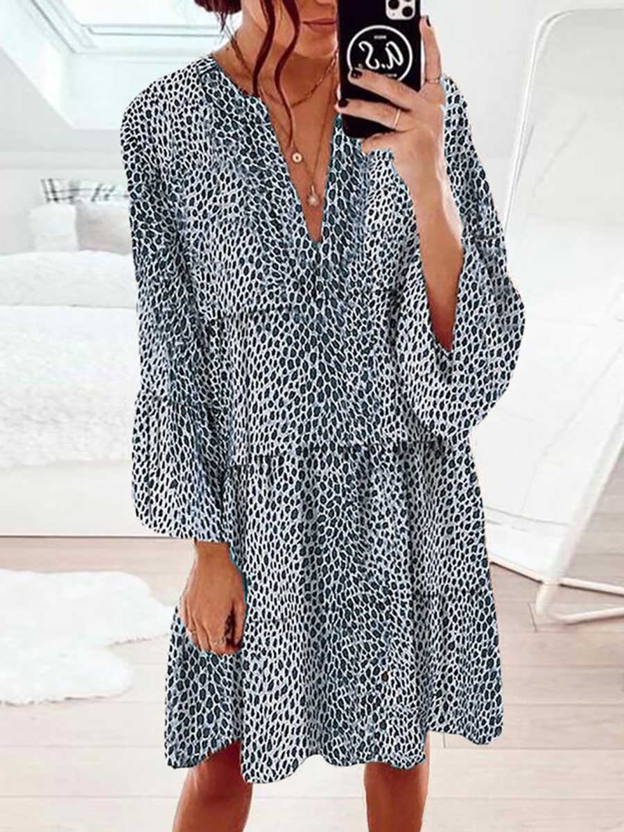 Veleaee Long Sleeve Leopard Print Dress