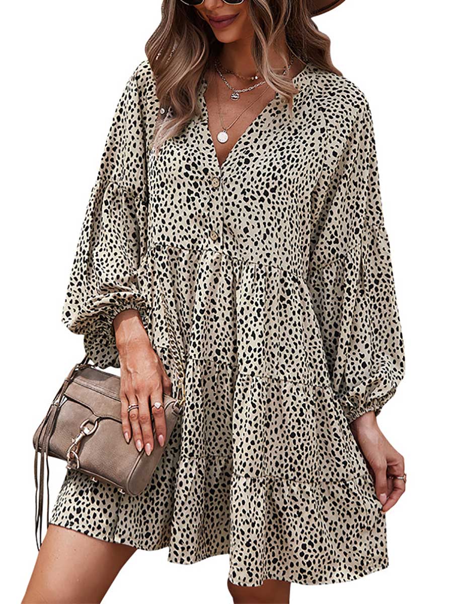Veleaee Long Sleeve Leopard Print Dress