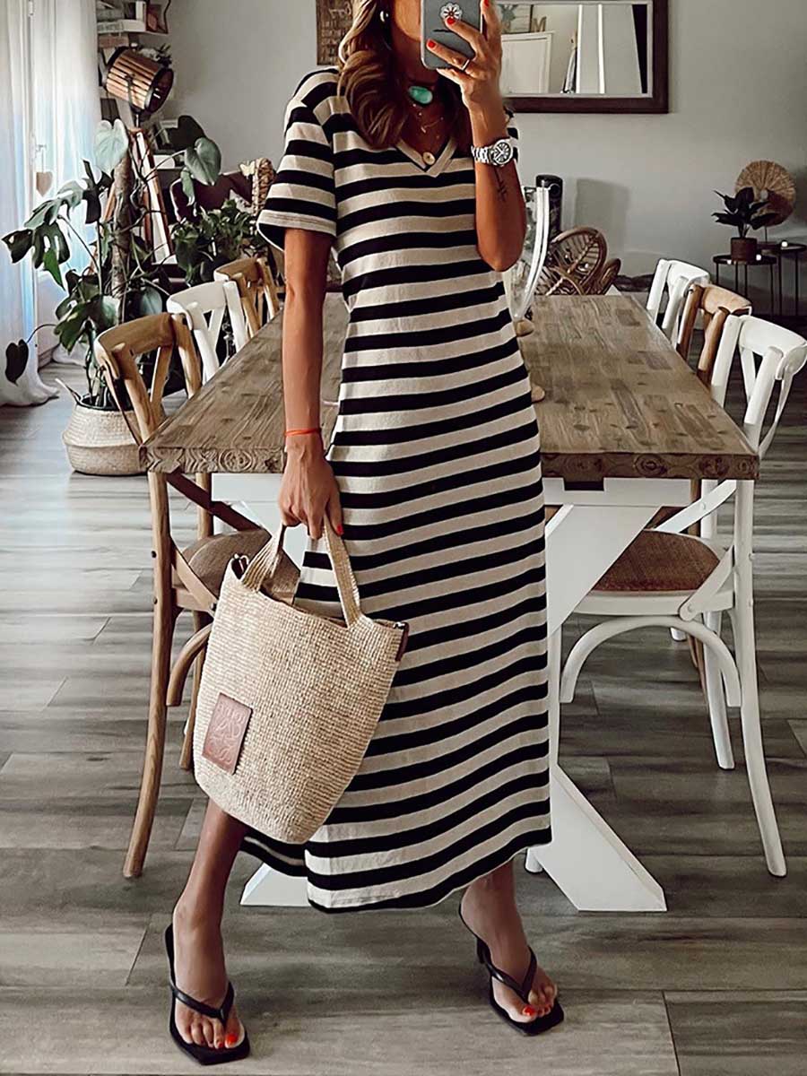 Veleaee Striped printed v-neck long skirt