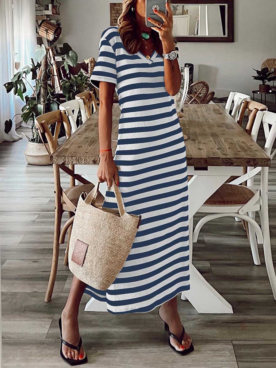 Veleaee Striped printed v-neck long skirt