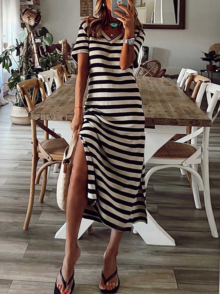 Veleaee Striped printed v-neck long skirt