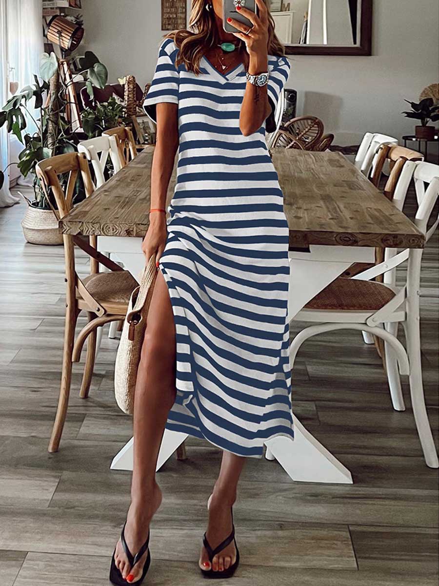 Veleaee Striped printed v-neck long skirt