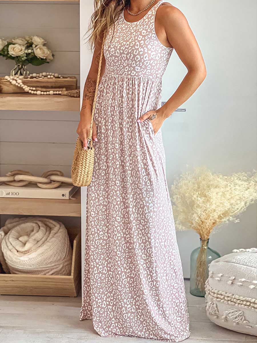 Veleaee Leopard Print Vest Sleeveless Long Dress