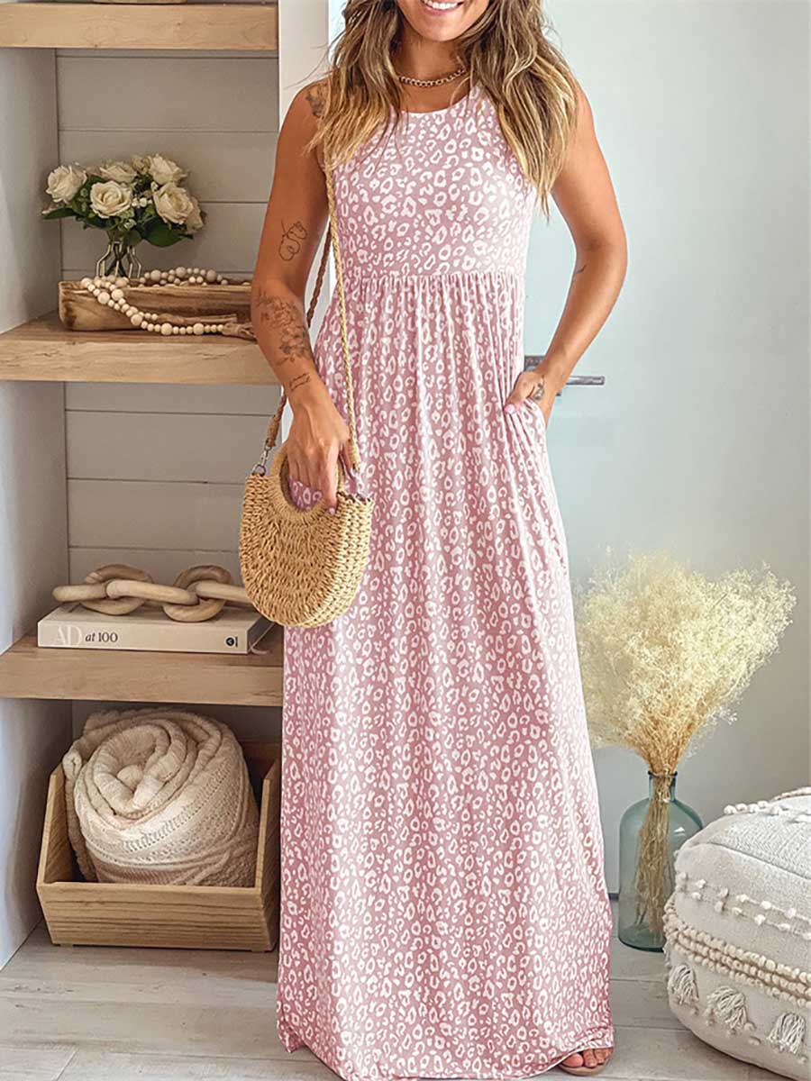 Veleaee Leopard Print Vest Sleeveless Long Dress