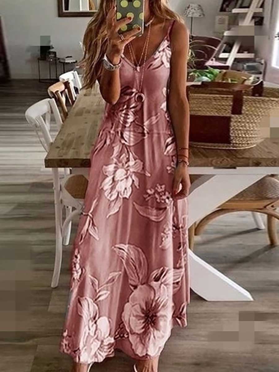 Veleaee Slim Long Floral Halter Dress