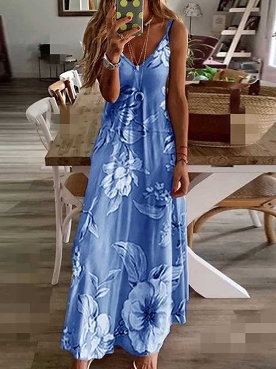 Veleaee Slim Long Floral Halter Dress