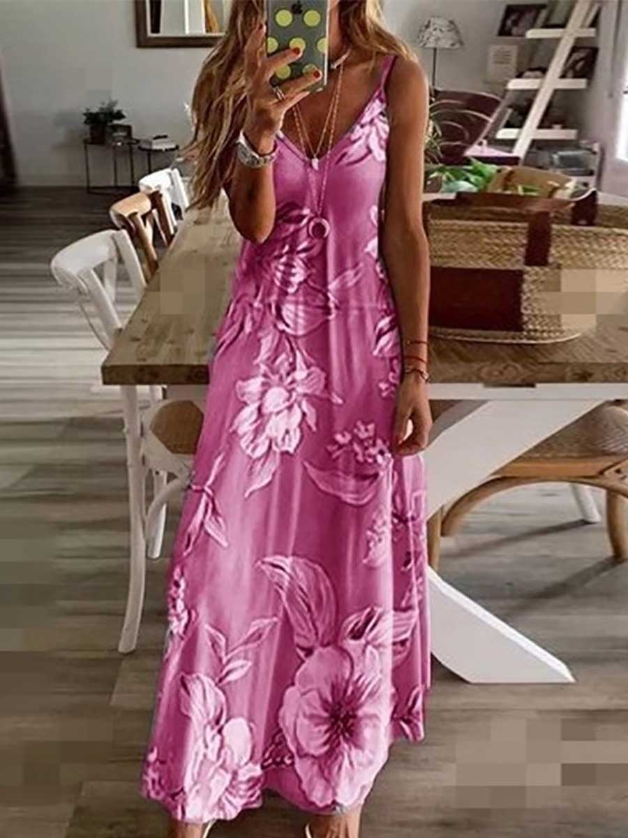 Veleaee Slim Long Floral Halter Dress
