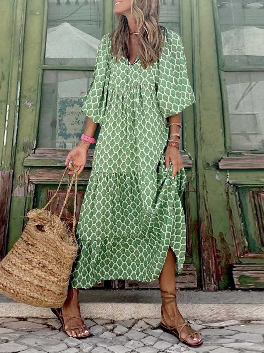 Veleaee Printed Bubble Sleeve Dress