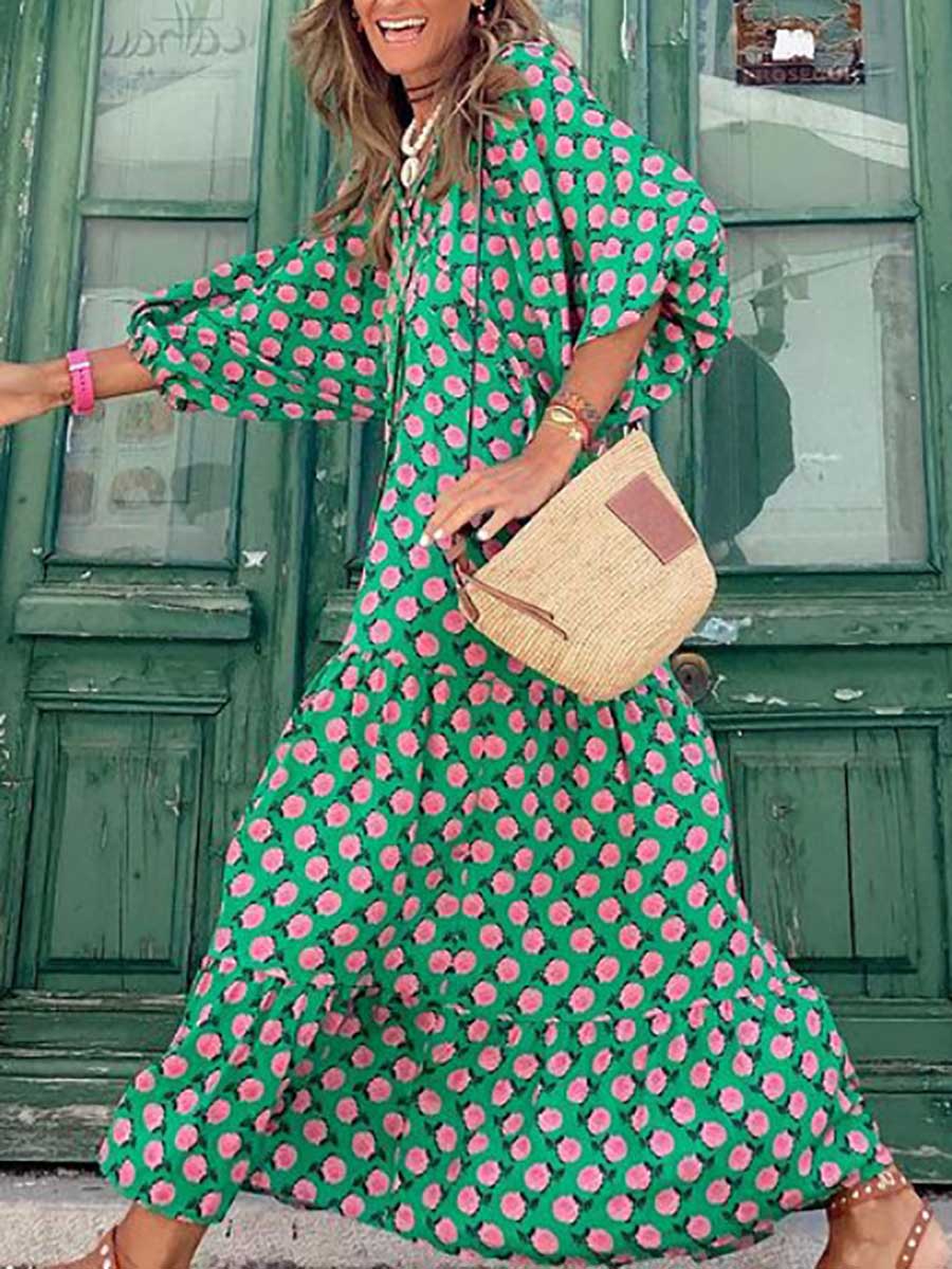 Veleaee Printed Bubble Sleeve Dress