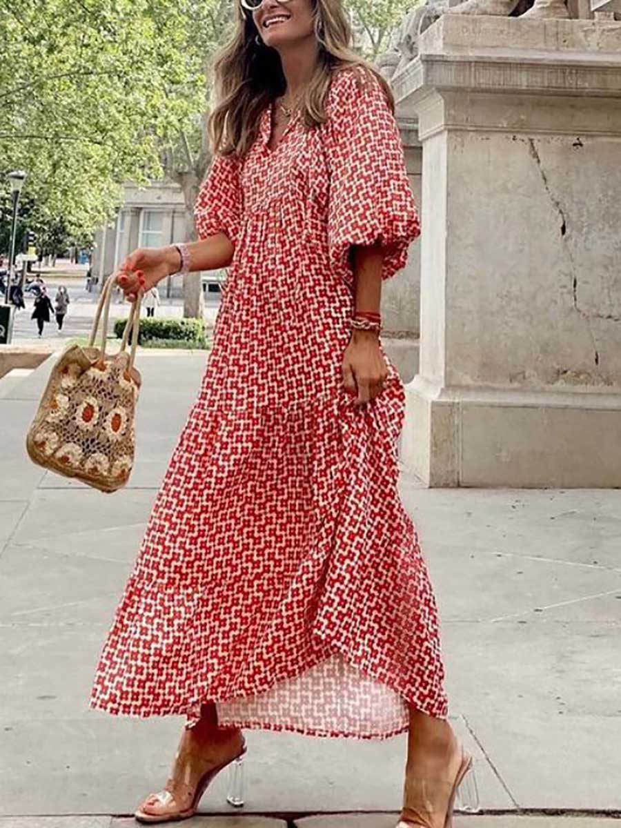Veleaee Printed Bubble Sleeve Dress