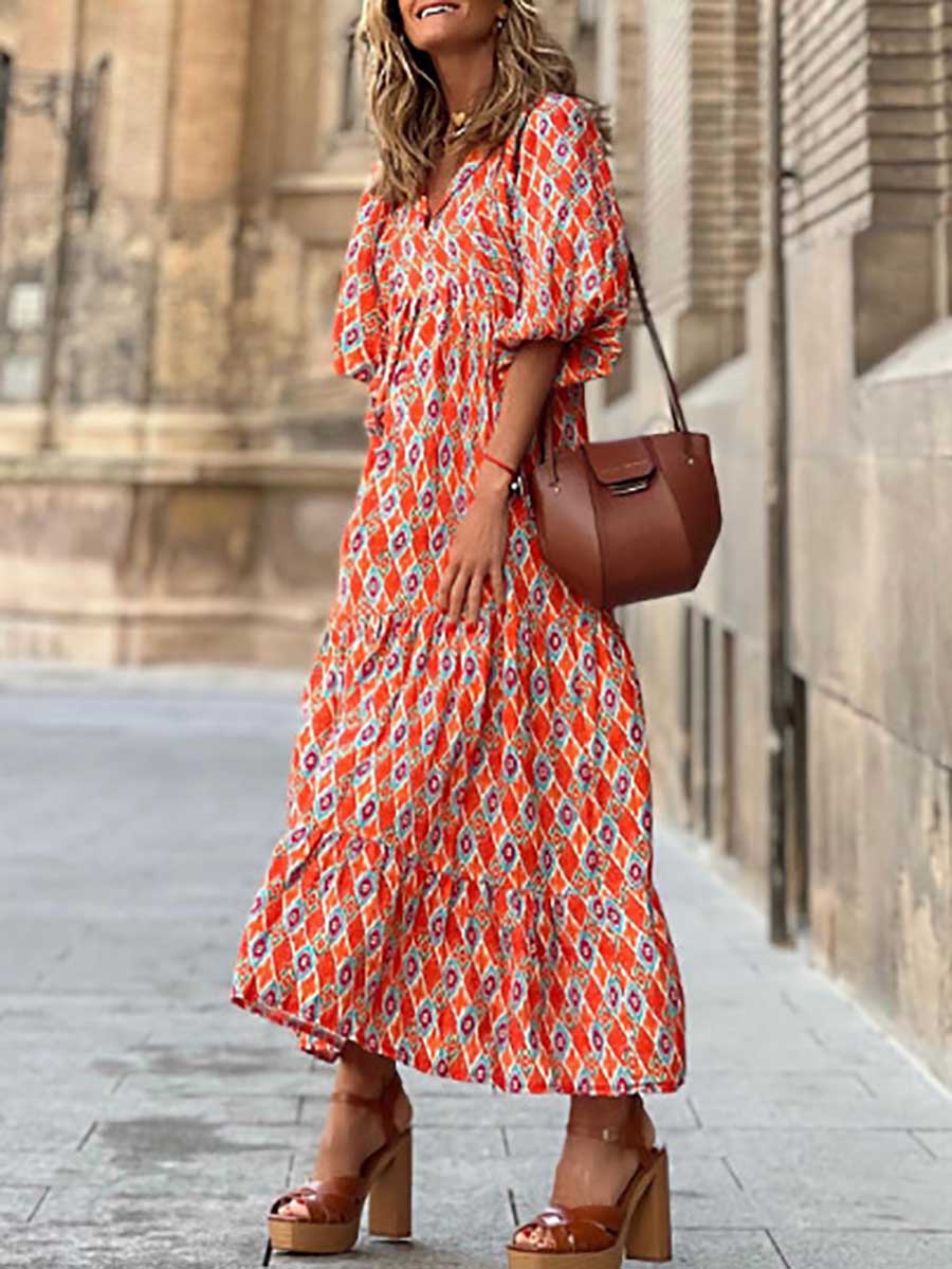 Veleaee Printed Bubble Sleeve Dress