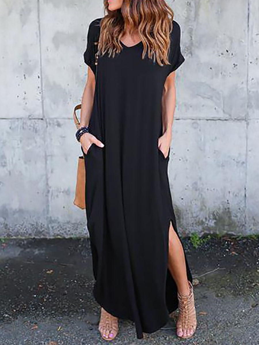 Veleaee V-Neck Pocket Split Dress(8 colors)