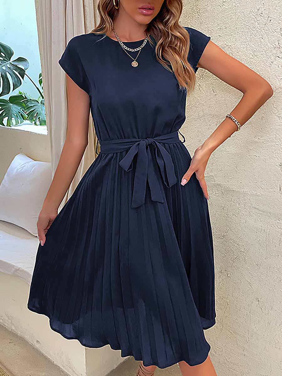 Veleaee Solid Color Lace-Up Pleated Dress