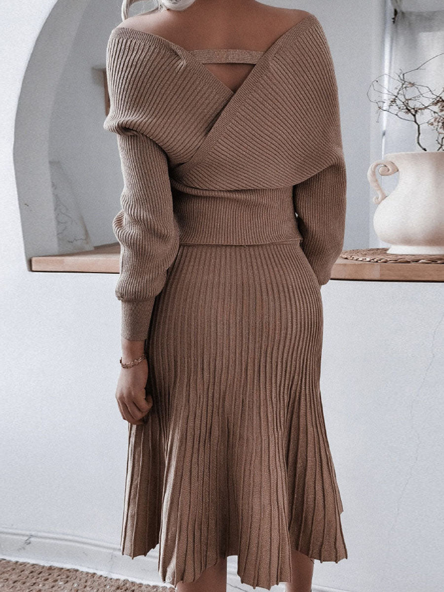 Veleaee Fashion Casual Solid Fold V Neck Long Sleeve Two Pieces(3 colors)