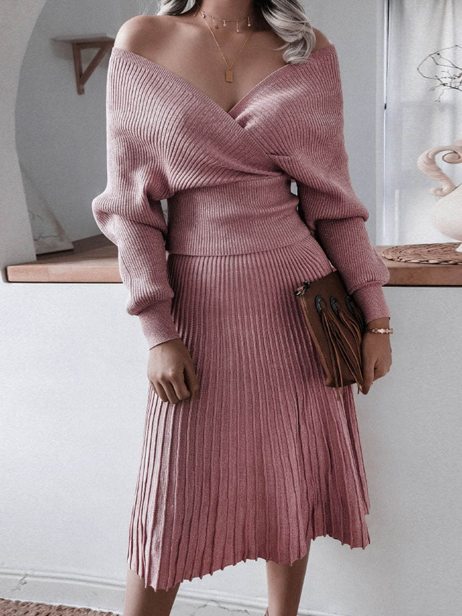 Veleaee Fashion Casual Solid Fold V Neck Long Sleeve Two Pieces(3 colors)