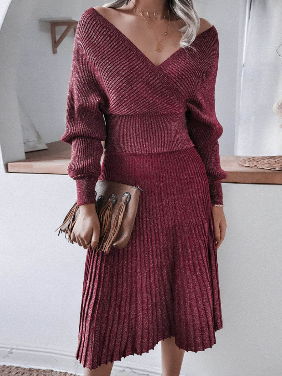 Veleaee Fashion Casual Solid Fold V Neck Long Sleeve Two Pieces(3 colors)