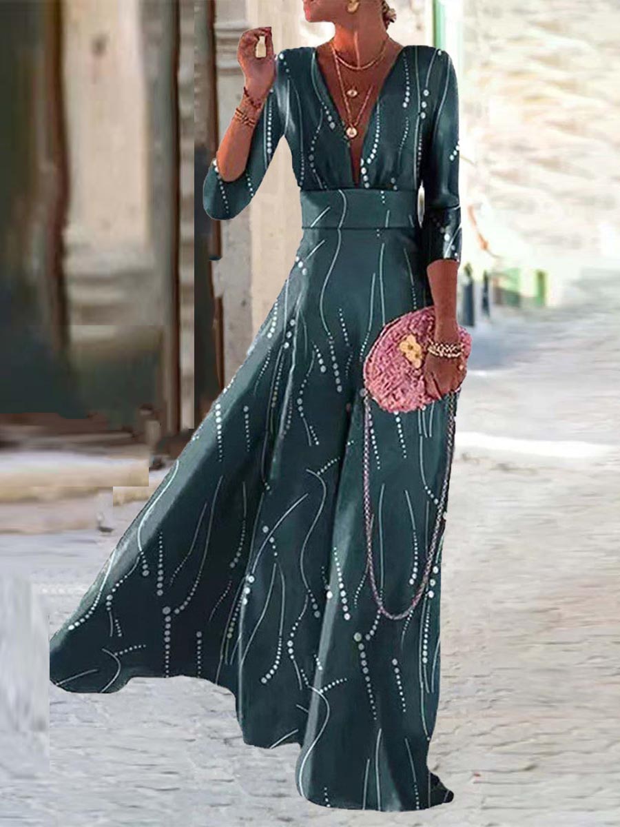 Veleaee Elegant Geometric Printing V Neck A Line Dresses