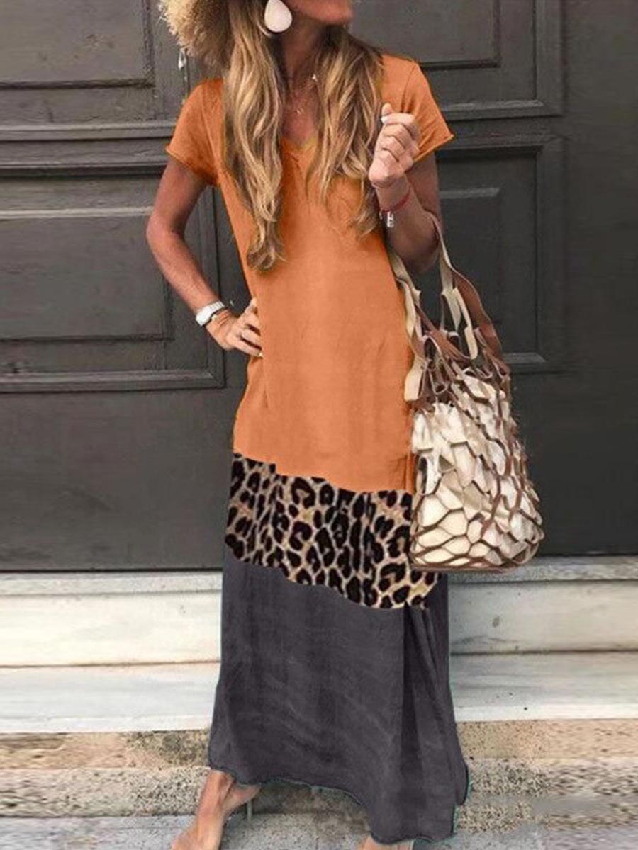 Veleaee Fashion Sweet Print Patchwork V Neck Printed Dress Dresses(4 Colors)