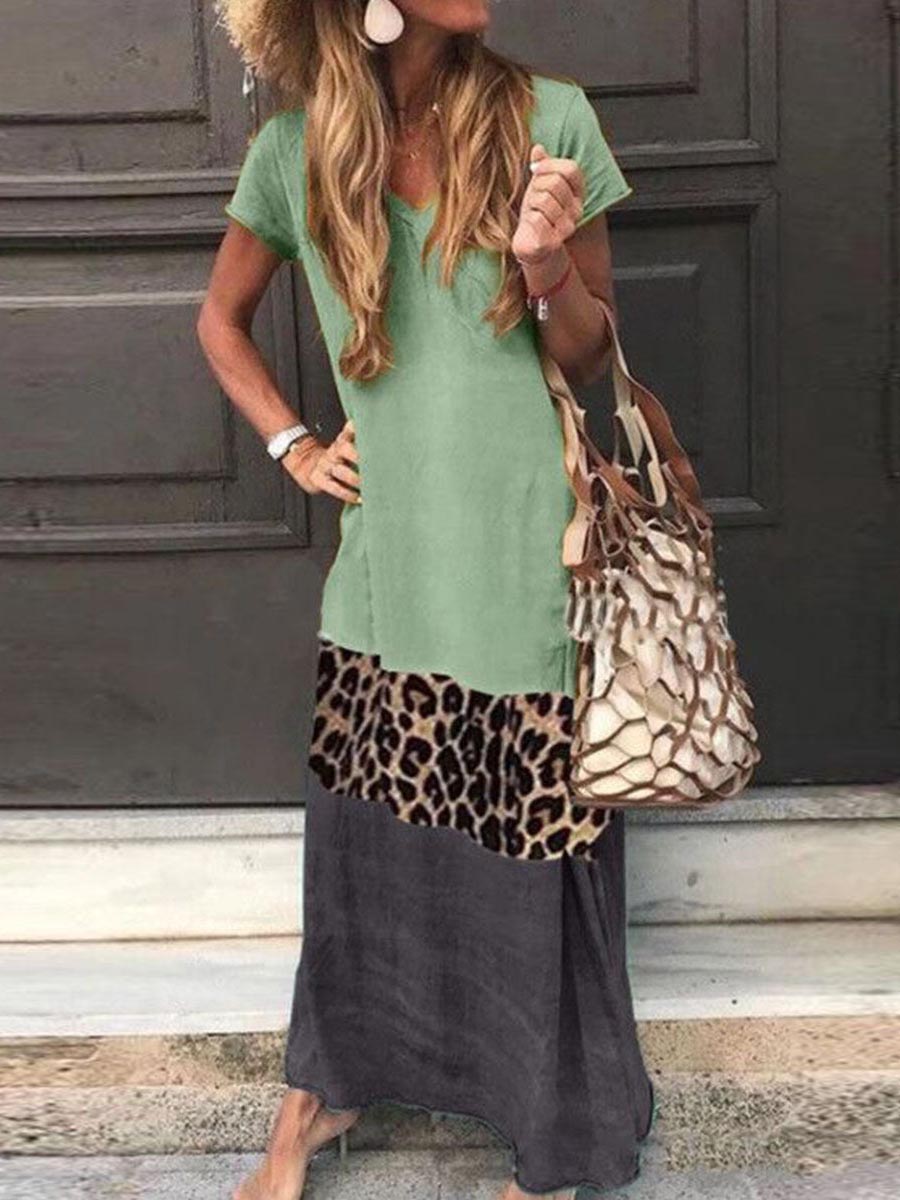 Veleaee Fashion Sweet Print Patchwork V Neck Printed Dress Dresses(4 Colors)