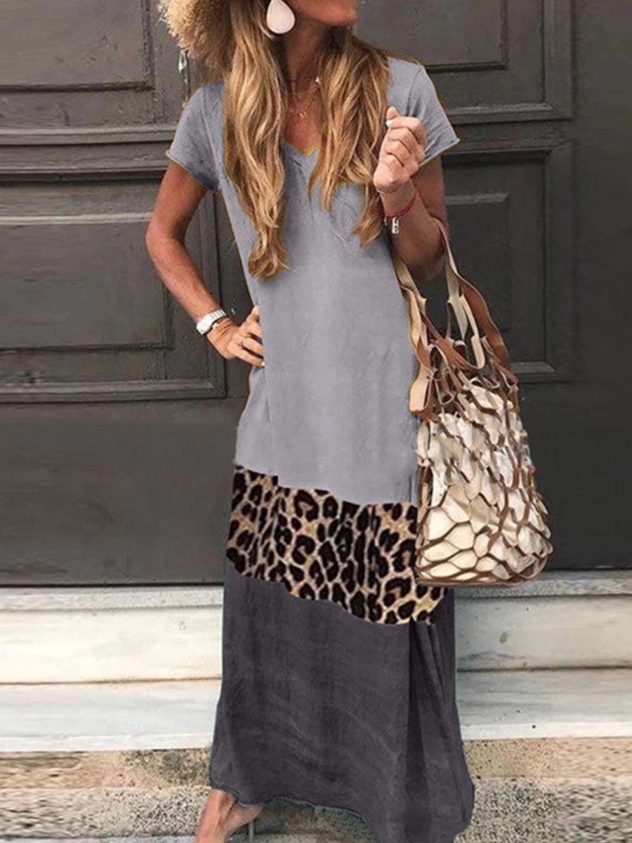 Veleaee Fashion Sweet Print Patchwork V Neck Printed Dress Dresses(4 Colors)