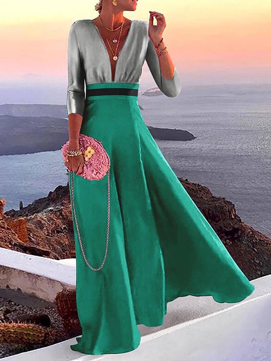 Veleaee Fashion Print Long Sleeve Plunge V Neck Color Block Dresses