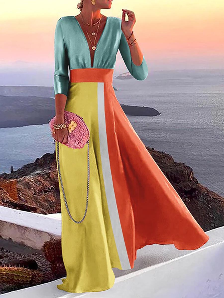 Veleaee Fashion Print Long Sleeve Plunge V Neck Color Block Dresses