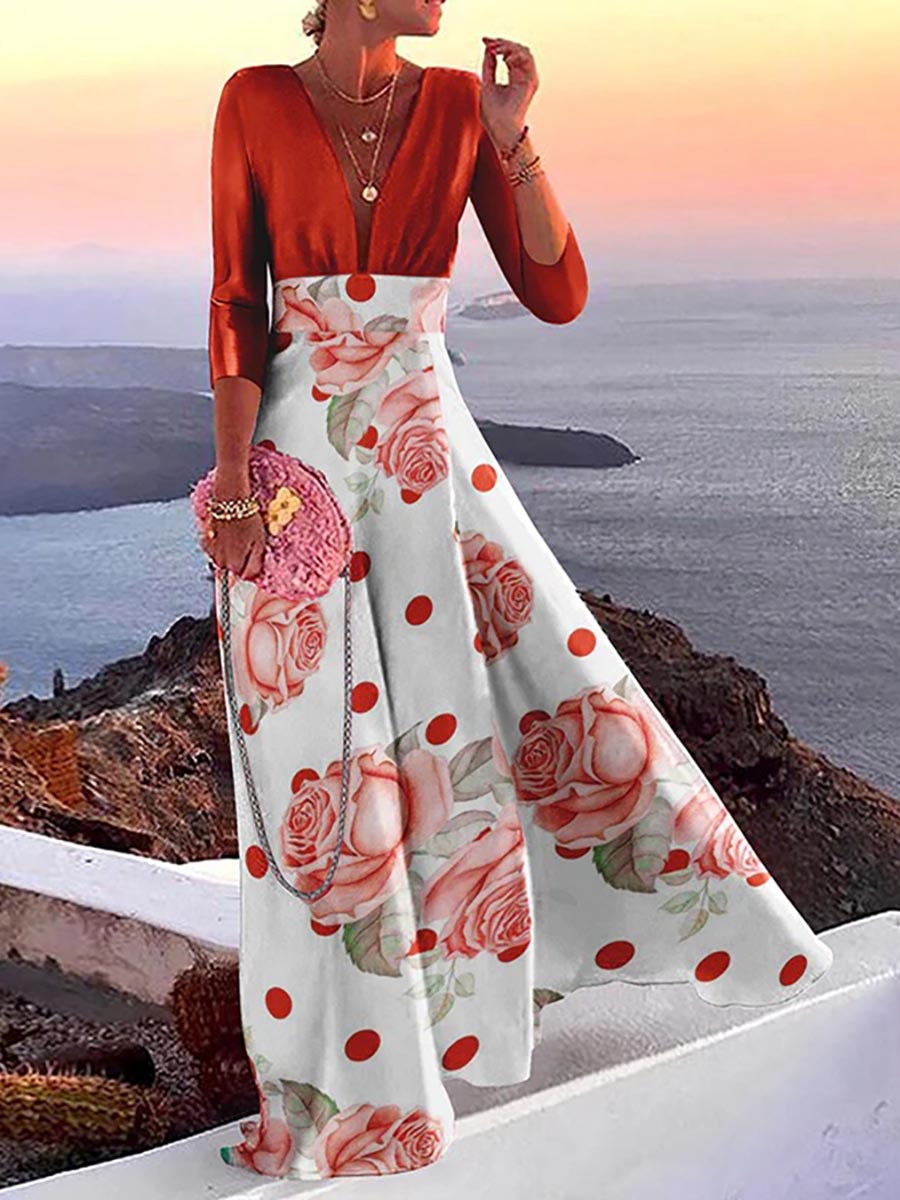 Veleaee Fashion Print Long Sleeve Plunge V Neck Color Block Dresses