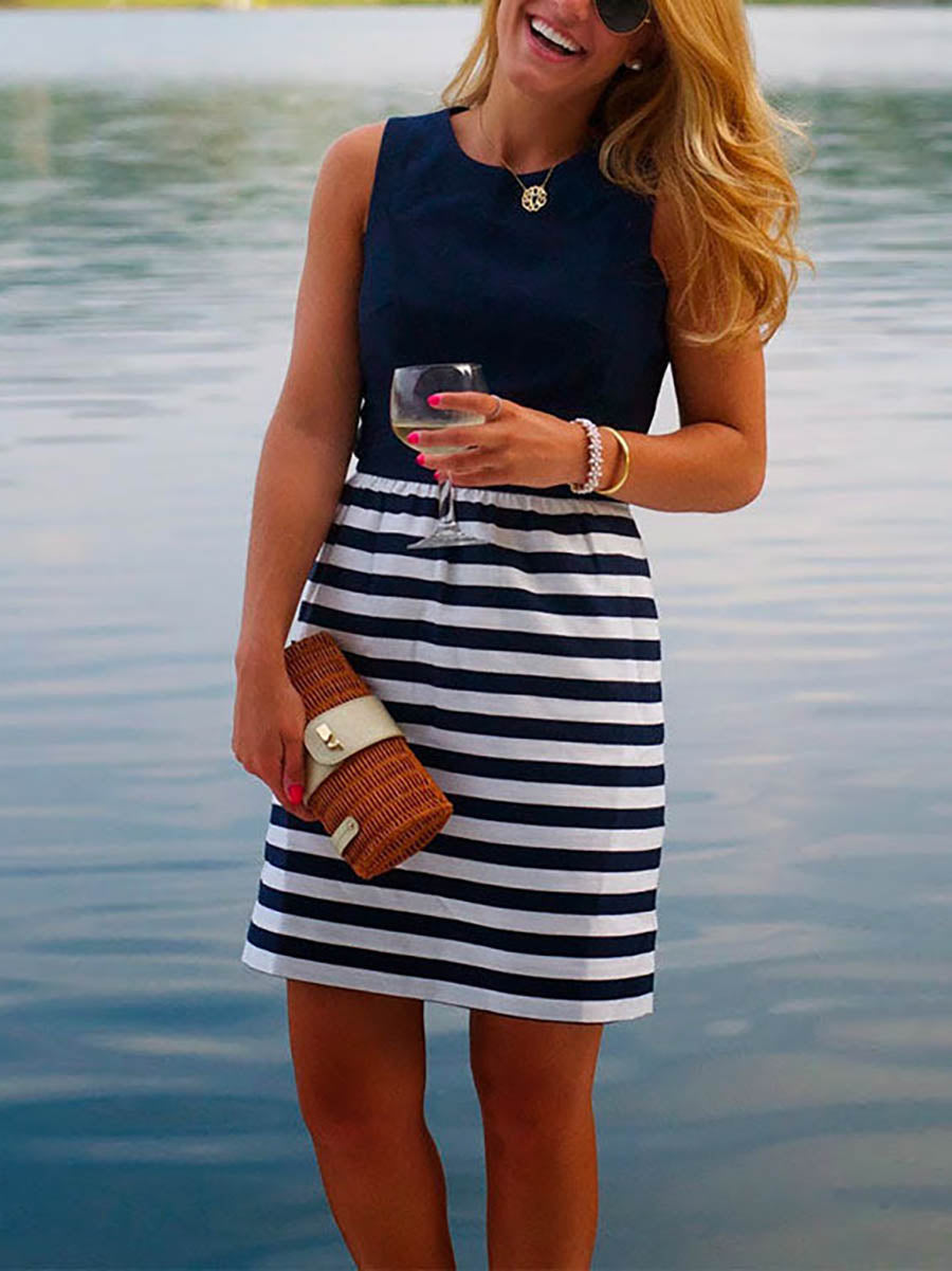 Veleaee Casual Crewneck Sleeveless Stripes Dress