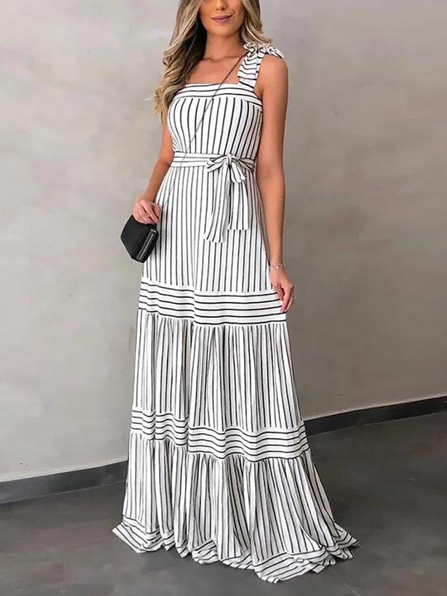 Veleaee Stripe Bow Tie Belted Maxi Dress