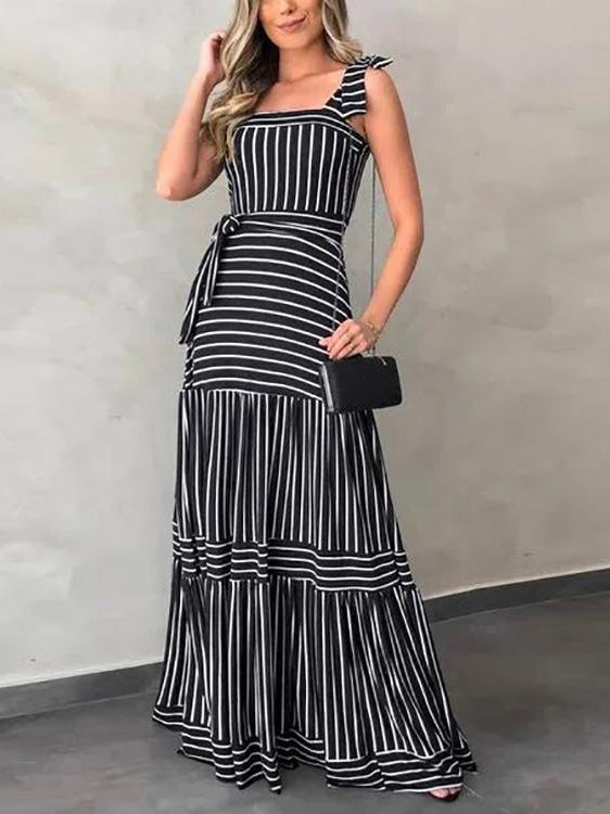 Veleaee Stripe Bow Tie Belted Maxi Dress