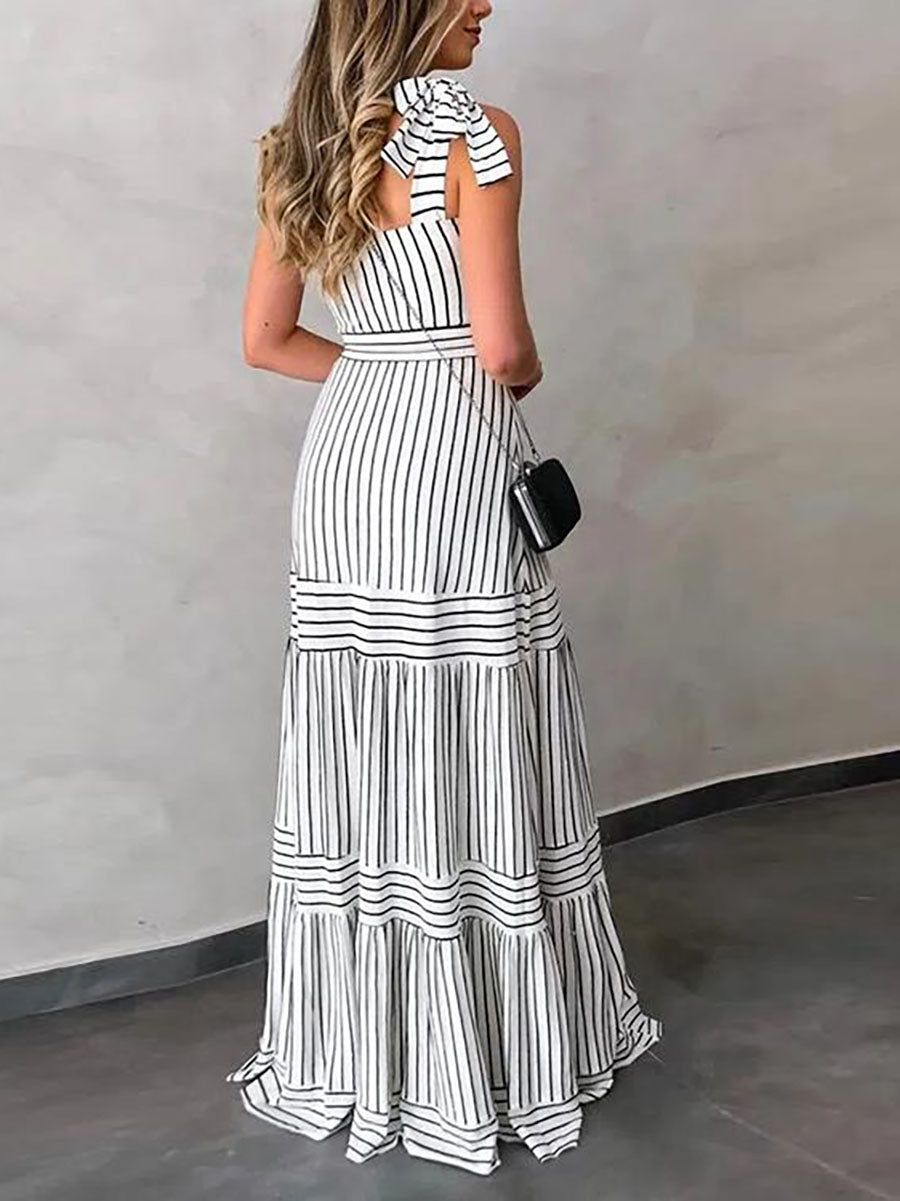Veleaee Stripe Bow Tie Belted Maxi Dress