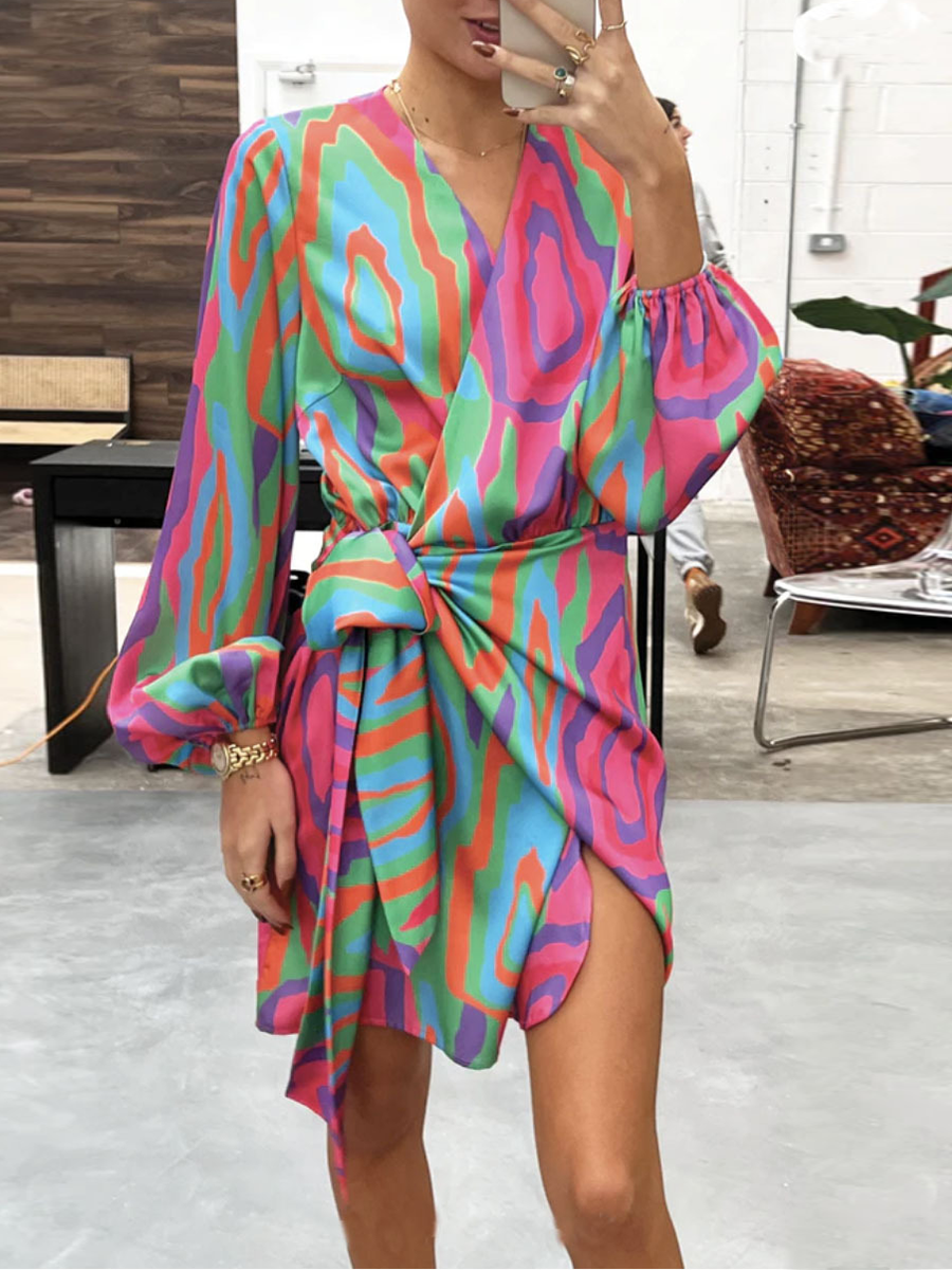 Veleaee Casual Print Split Joint V Neck Irregular  Dresses