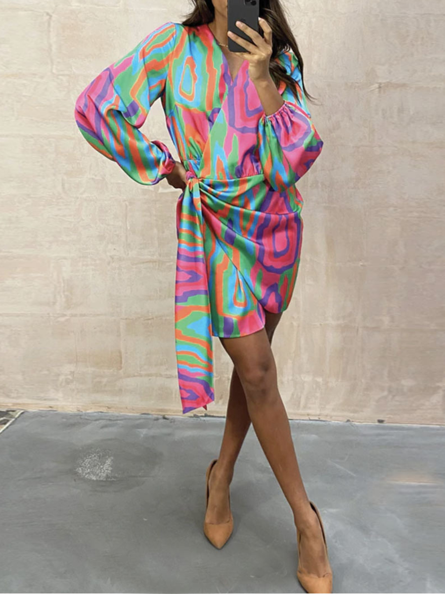 Veleaee Casual Print Split Joint V Neck Irregular  Dresses