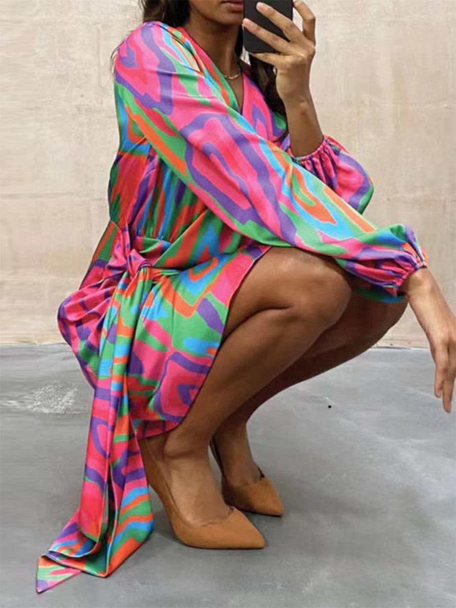 Veleaee Casual Print Split Joint V Neck Irregular  Dresses