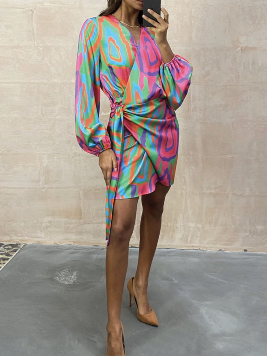 Veleaee Casual Print Split Joint V Neck Irregular  Dresses