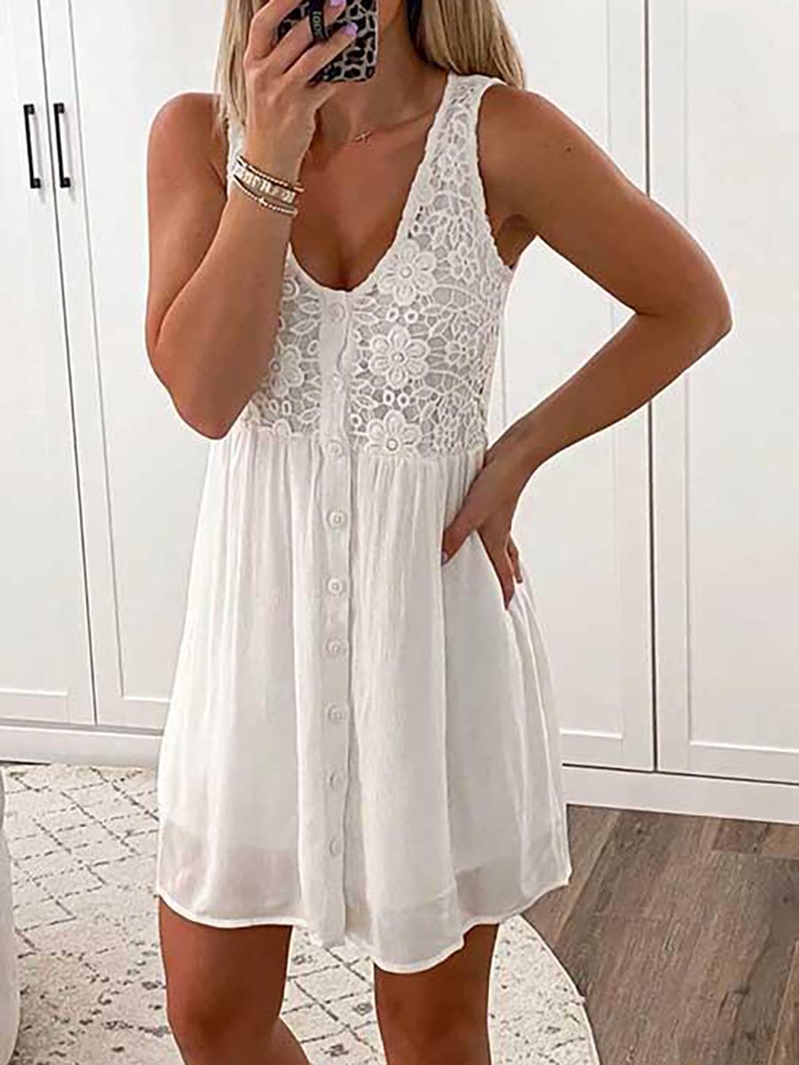 Veleaee Lace Floral Button Down Tank Dress